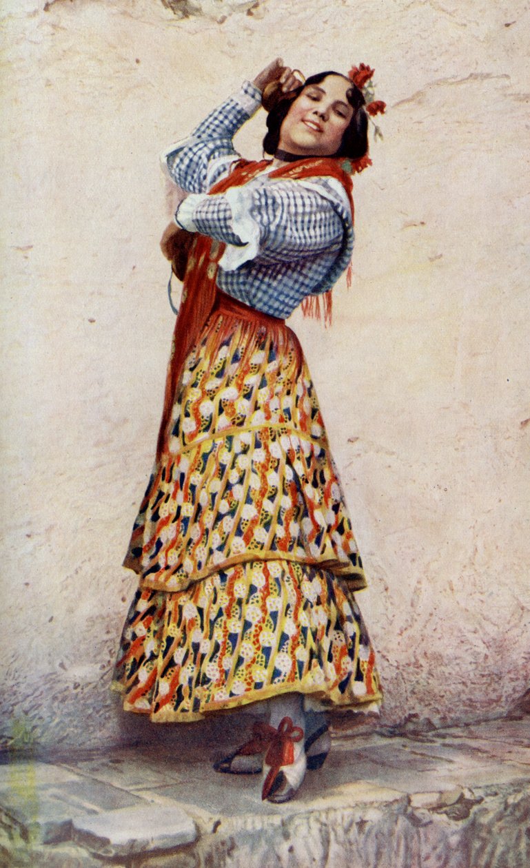 Hiszpania. Cyganka z Granady o niebiesko-czarnych włosach bosko tańczy. 1920 autorstwa Unknown