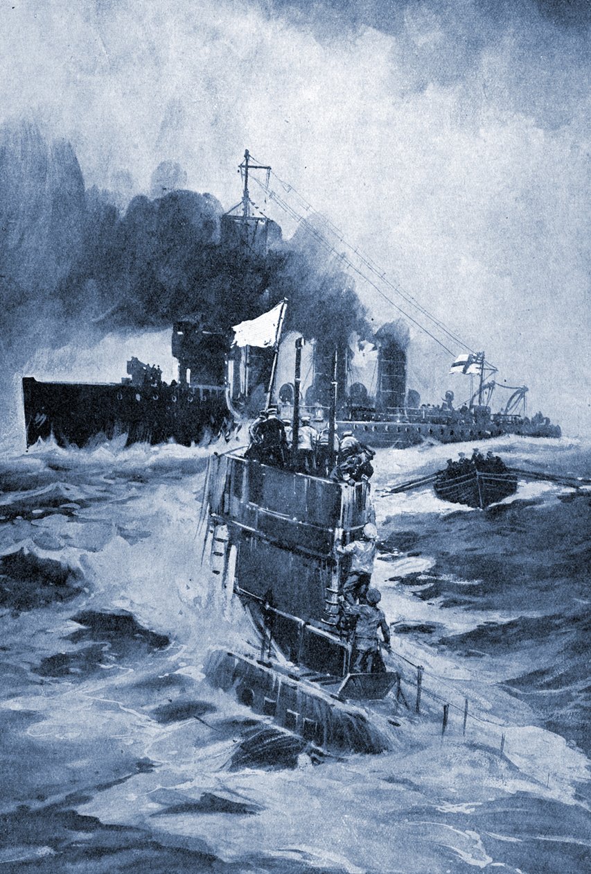 Niemiecki okręt podwodny U 18 poddaje się po staranowaniu, 1914 . autorstwa Unknown