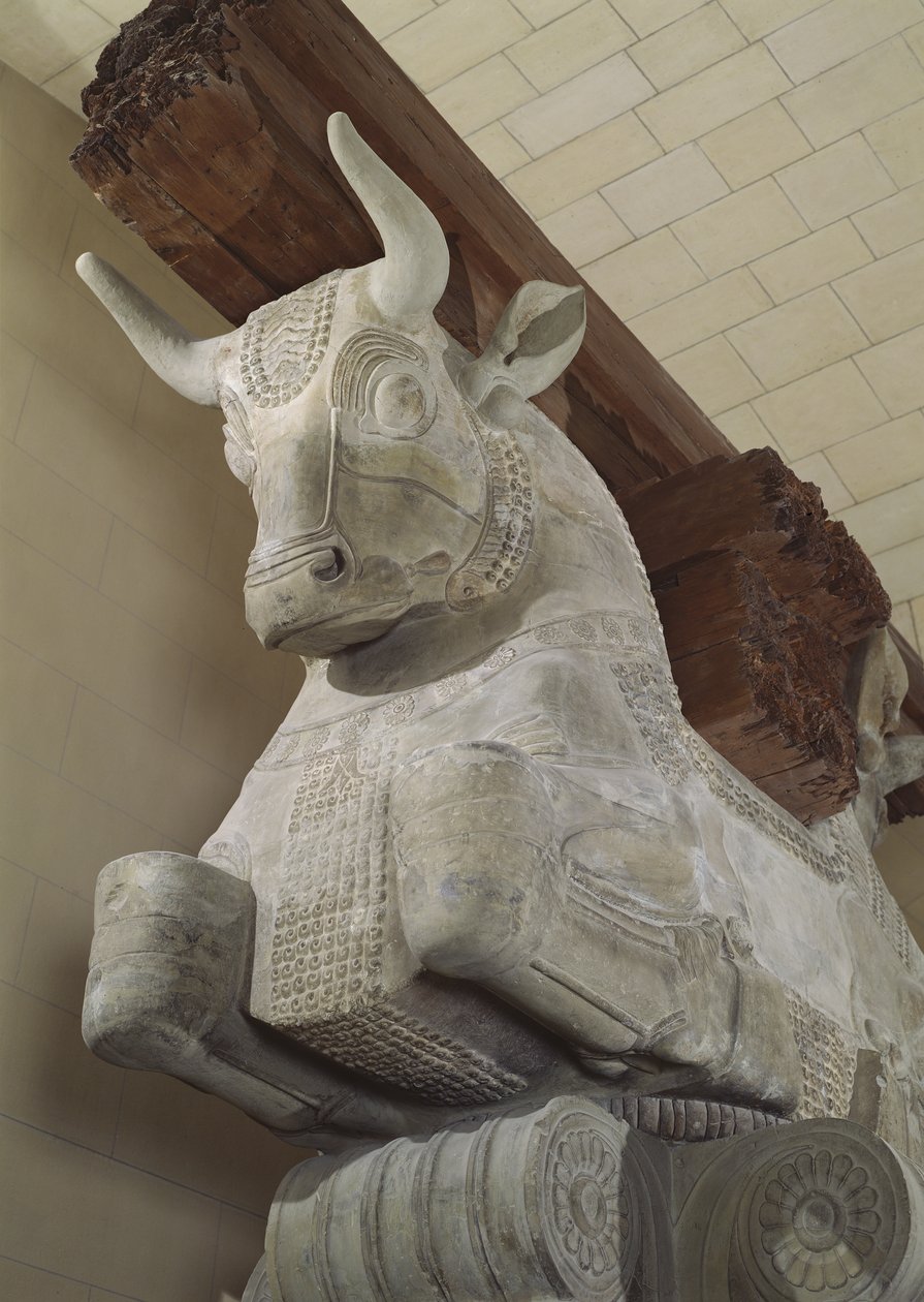 Kapitał w stylu perskim z kolumny Apadany, z Pałacu Dariusza Wielkiego w Suzie, Iran, ok. 500 pne (wapień) autorstwa Achaemenid