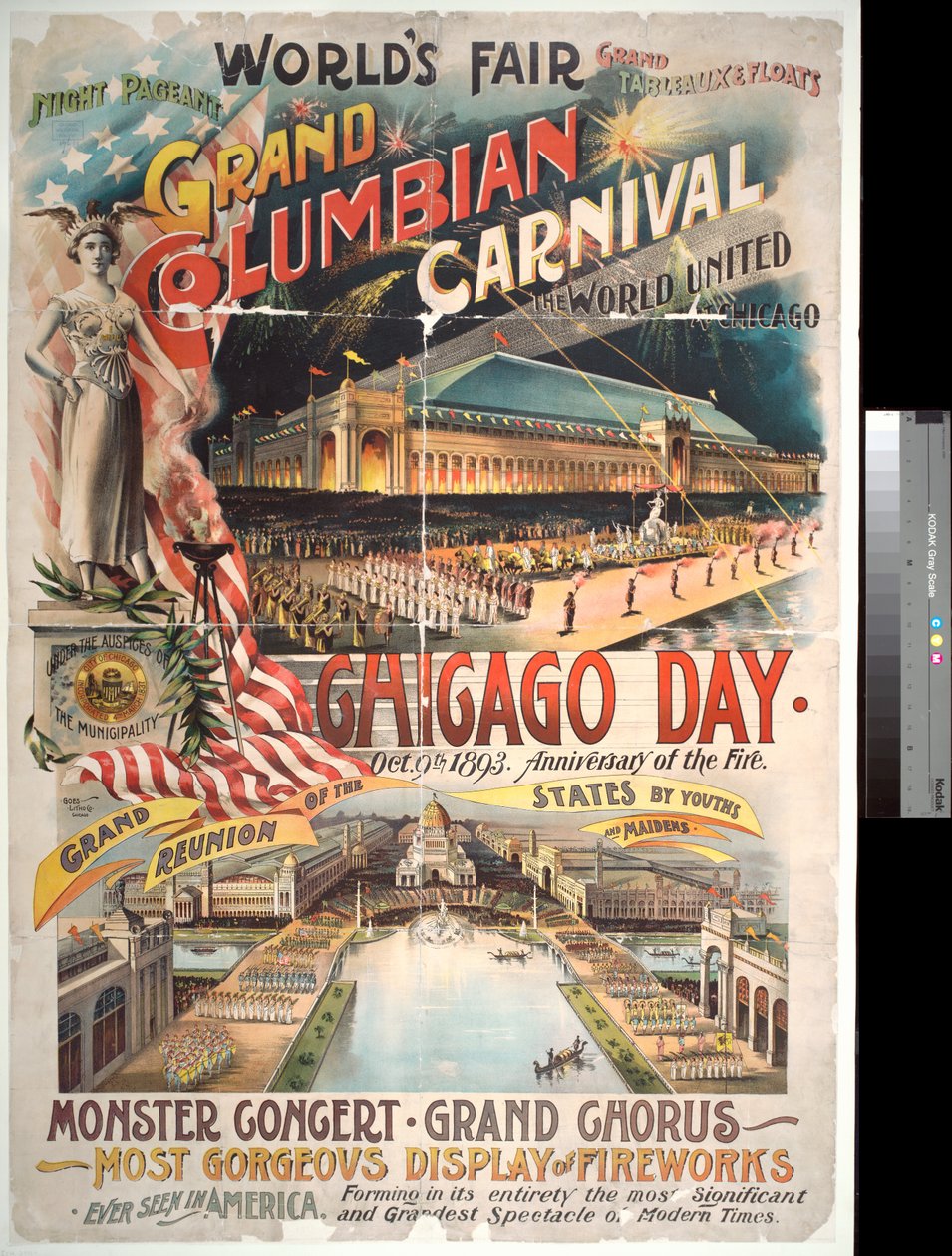 Broadside reklama Chicago Day na Worlds Columbian Exposition dla upamiętnienia Chicago Fire 1871, 1893 autorstwa American Photographer