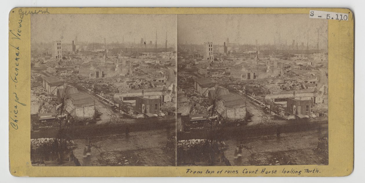 Stereografia widoku ze szczytu ruin gmachu sądu, patrząc na północ, po pożarze Chicago w 1871 r. autorstwa American Photographer