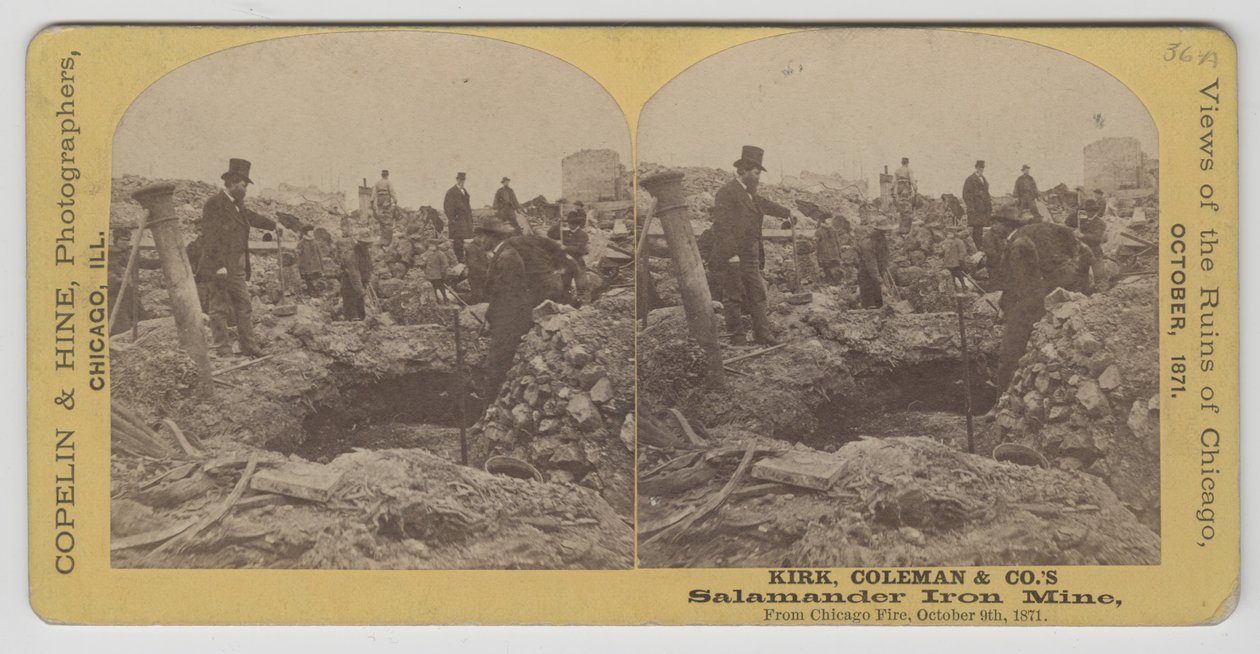 Stereograf przedstawiający Kirk, Coleman & Companys Salamander Iron Mine po pożarze Chicago w 1871 r. autorstwa American Photographer