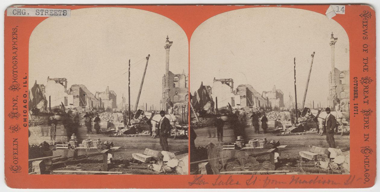 Stereografia widoku Lake St. z Madison St. po pożarze Chicago w 1871 r. autorstwa American Photographer