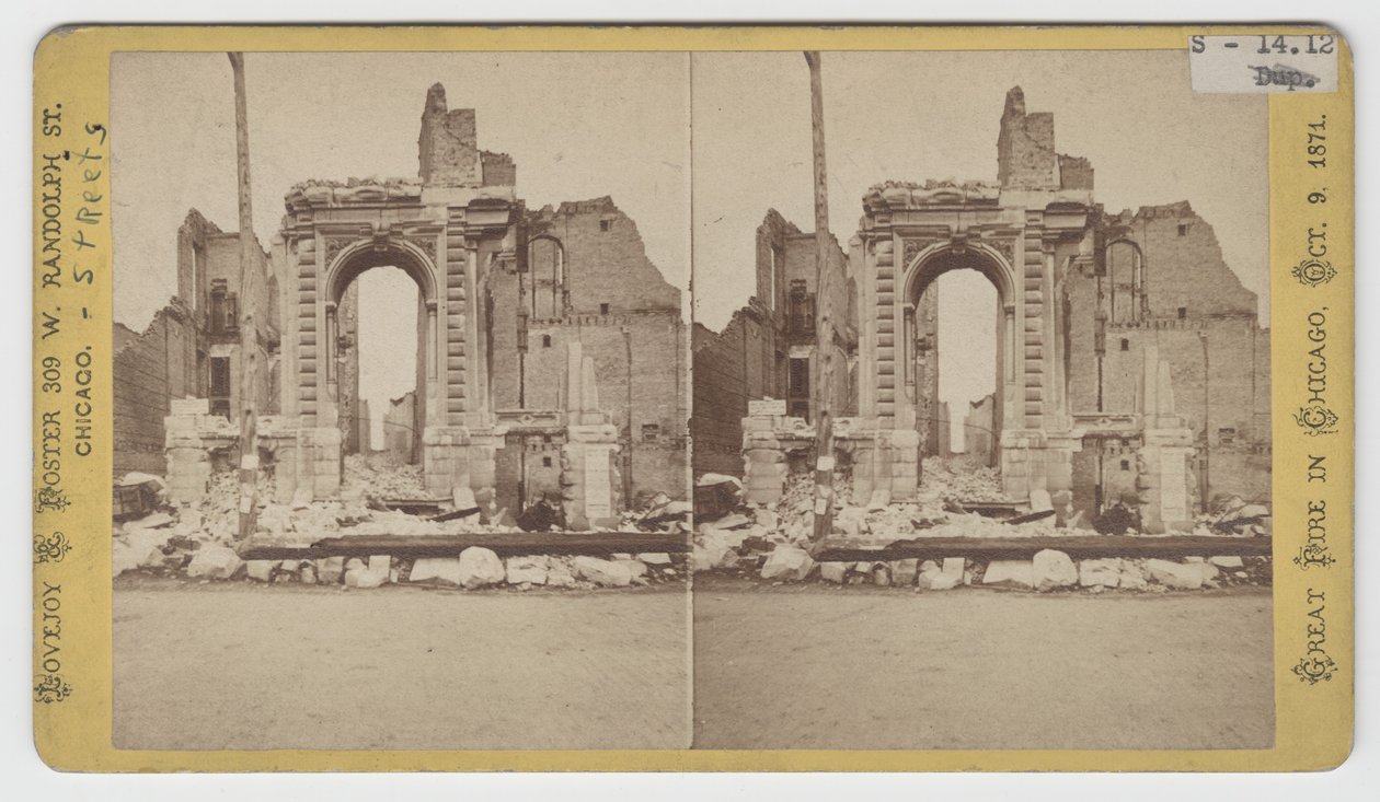 Stereograf przedstawiający widok ruin na Washington Street po pożarze Chicago w 1871 r. autorstwa American Photographer
