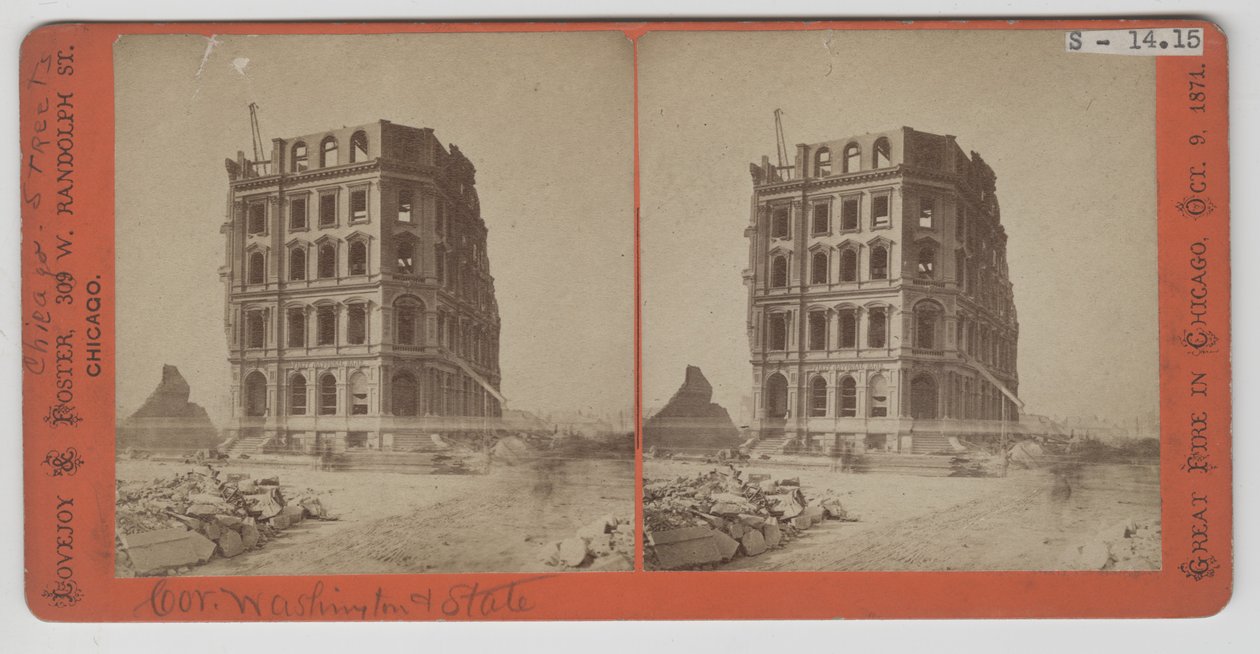 Stereograf widzenia Pierwszego Banku Narodowego po pożarze Chicago w 1871 r autorstwa American Photographer