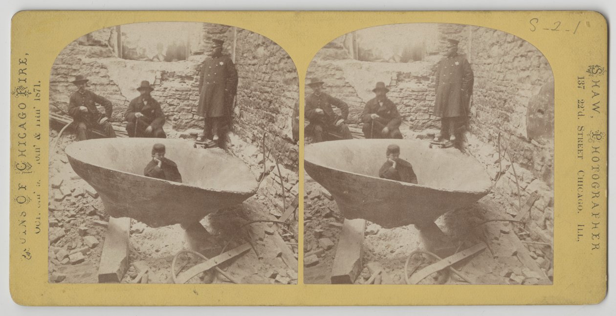 Stereograficzny widok dzwonu sądu po pożarze w Chicago w 1871 r autorstwa American Photographer