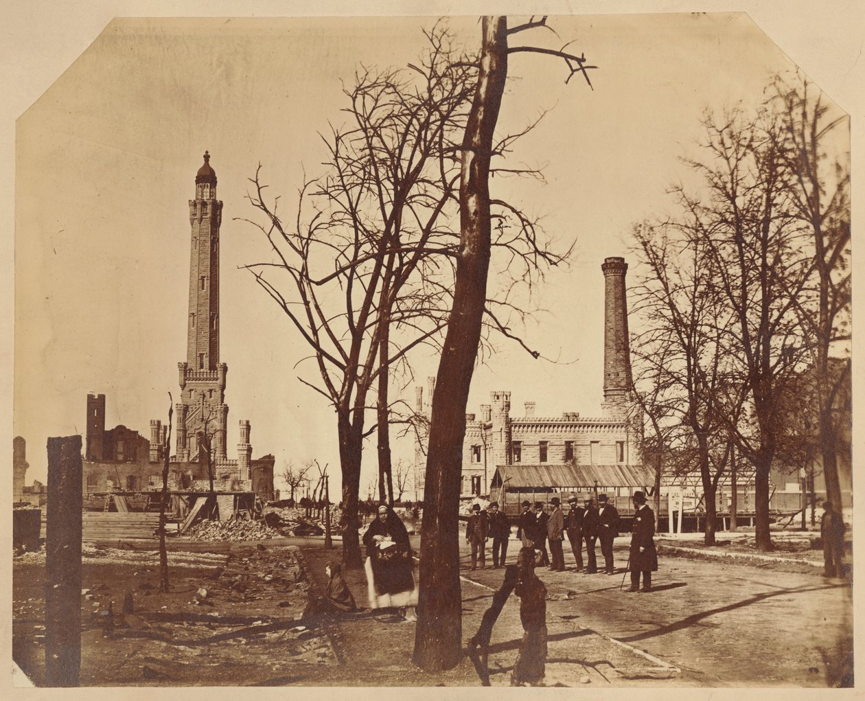 Widok stereogramu Chicago Waterworks po Chicago Fire, 1871 autorstwa American Photographer