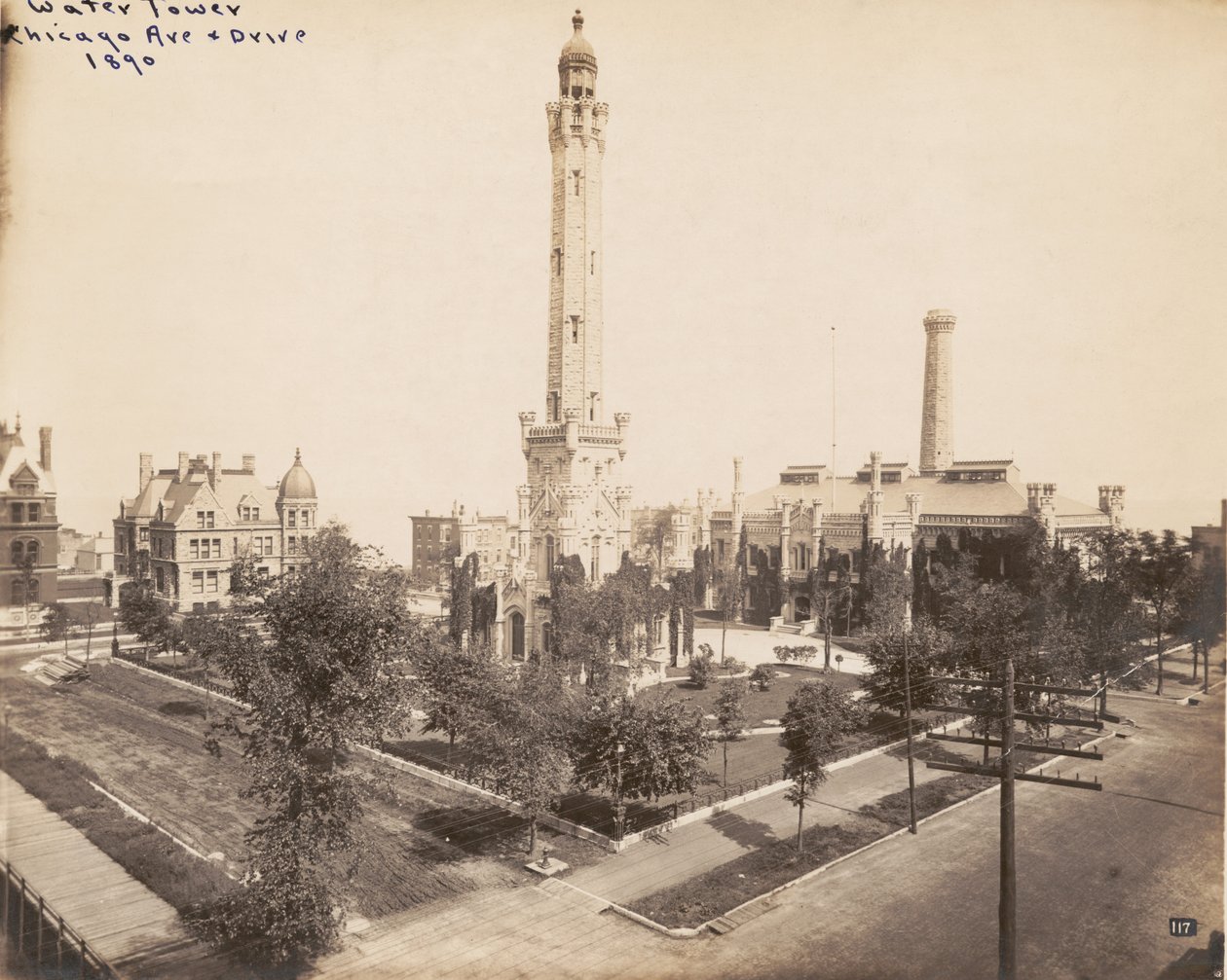 Widok na wieżę ciśnień i pompowni przy Chicago Avenue, Chicago, 1890 autorstwa American Photographer