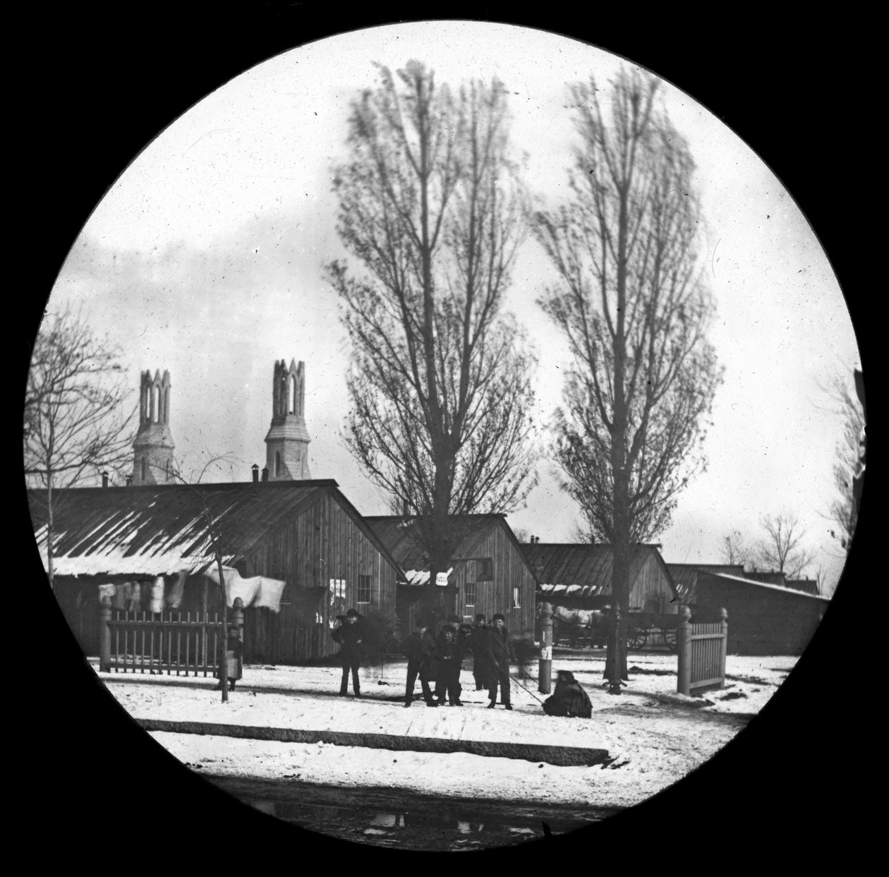 Washington Park Barracks po wielkim pożarze w Chicago, c.1871 (szklana slajd z latarnią) autorstwa American Photographer