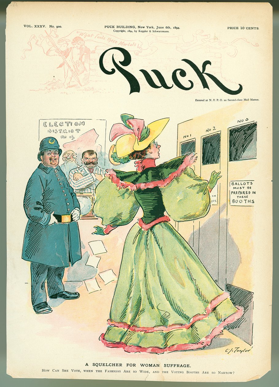 Squelcher for Woman Suffrage, ilustracja okładki magazynu Puck, 6 czerwca 1894 r. autorstwa American School