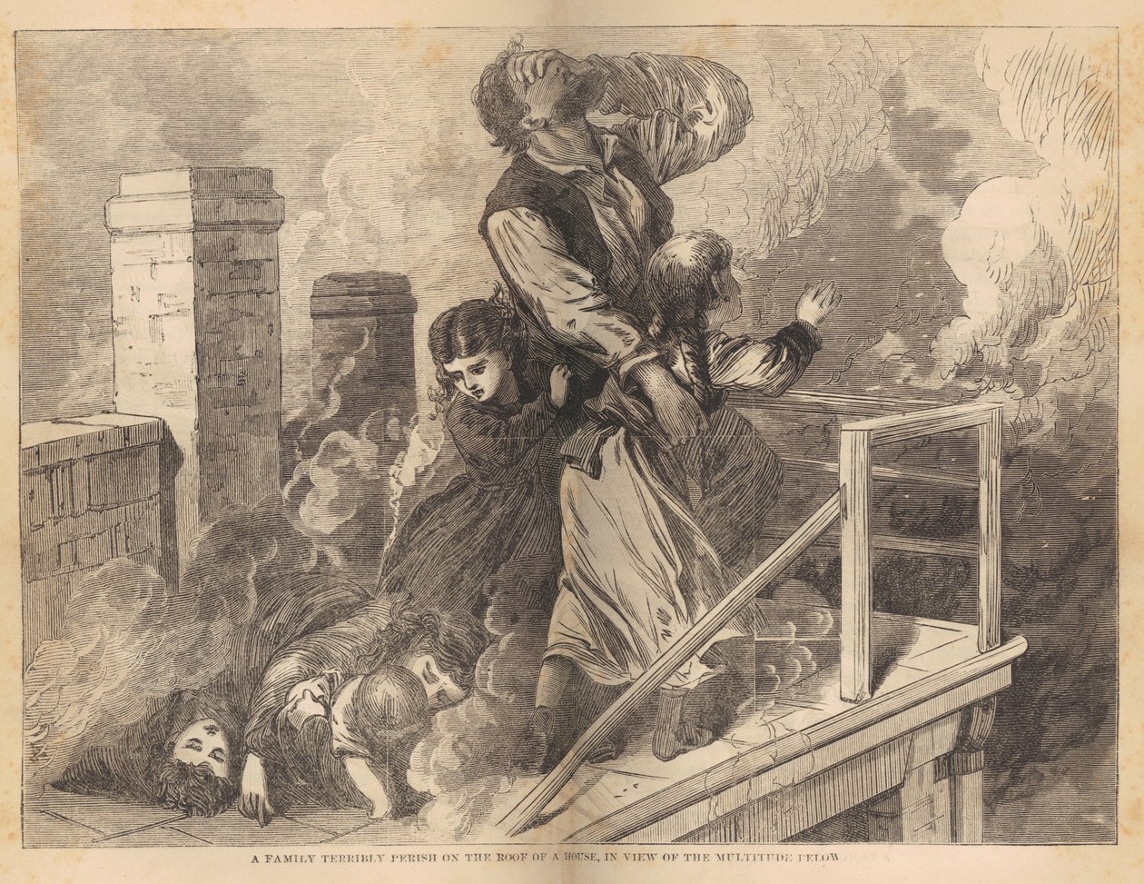 Rodzina uwięziona na dachu domu podczas pożaru Chicago 1871, z Great Fires w Chicago i na Zachodzie przez ks EJ Goodspeed, c.1871 (drewno) autorstwa American School