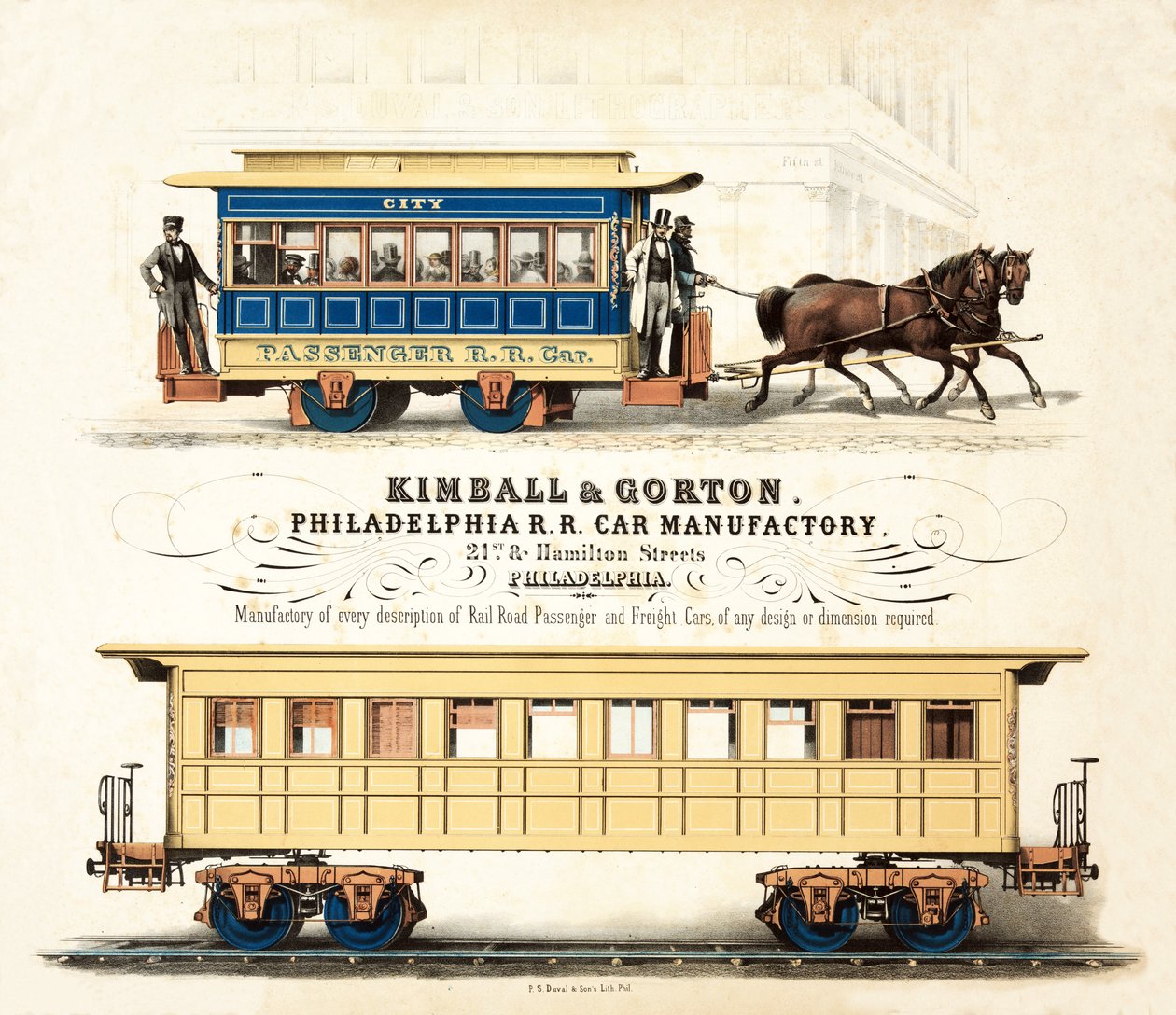Reklama firmy Kimball & Gorton, Philadelphia R.R. Car Manufactory, opublikowana ok. 1857 r. autorstwa American School