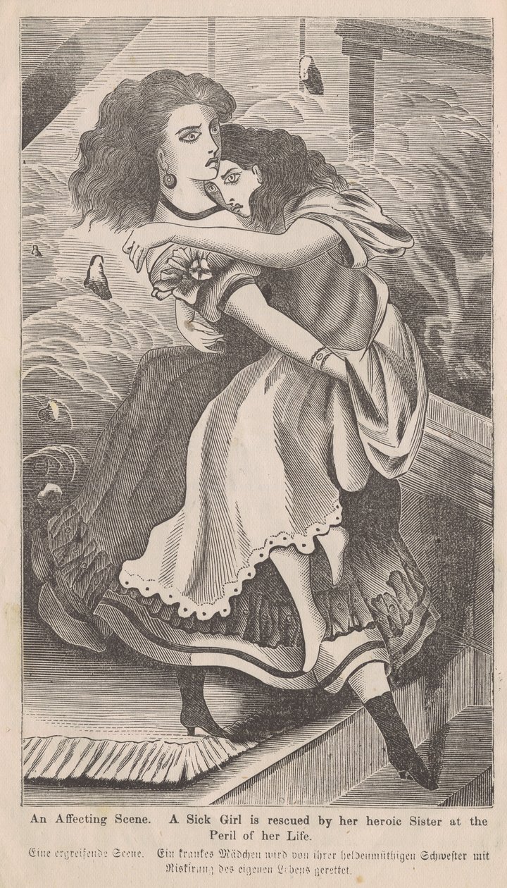 Poruszająca scena, ilustracja przedstawiająca kobietę ratującą siostrę podczas pożaru Chicago w 1871 roku, z książki George