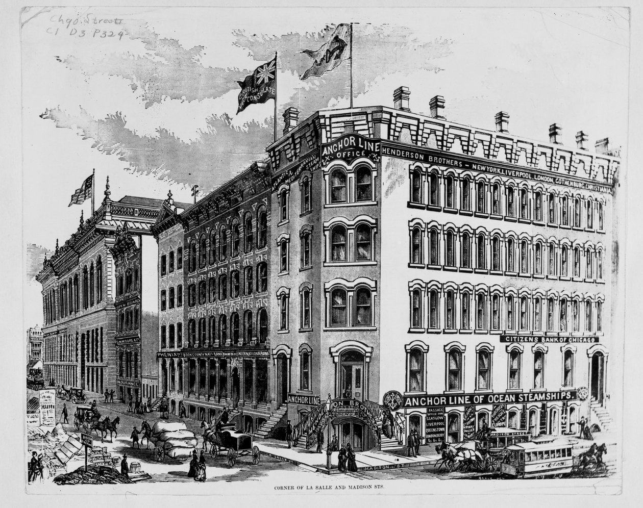 Biuro Anchor Line na rogu ulic LaSalle i Madison, Chicago, ok. 1875 (drewno) autorstwa American School