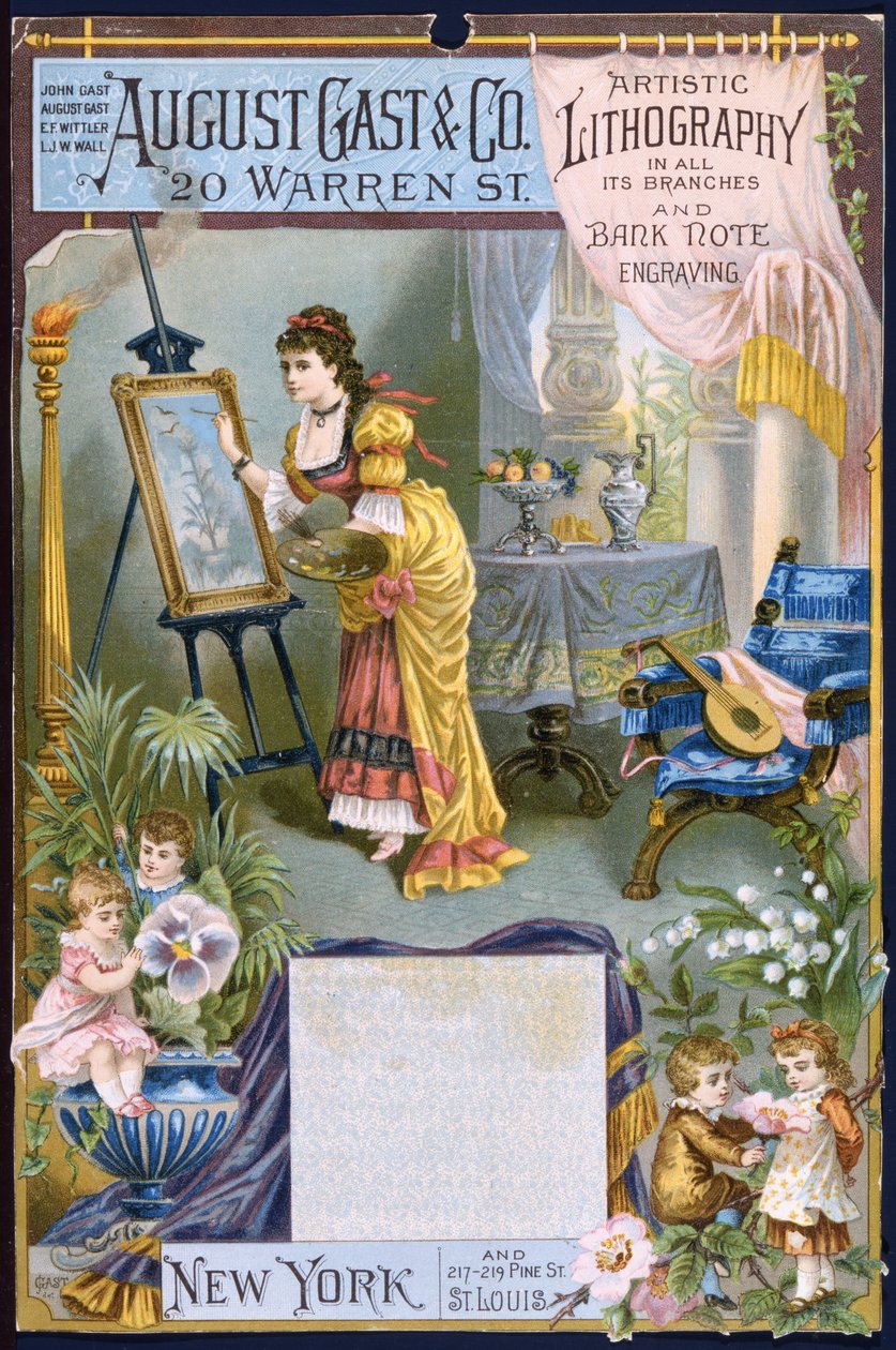 August Gast & Co., Artystyczna litografia i grawerowanie banknotów (litografia kolorowa [karta handlowa]) autorstwa American School