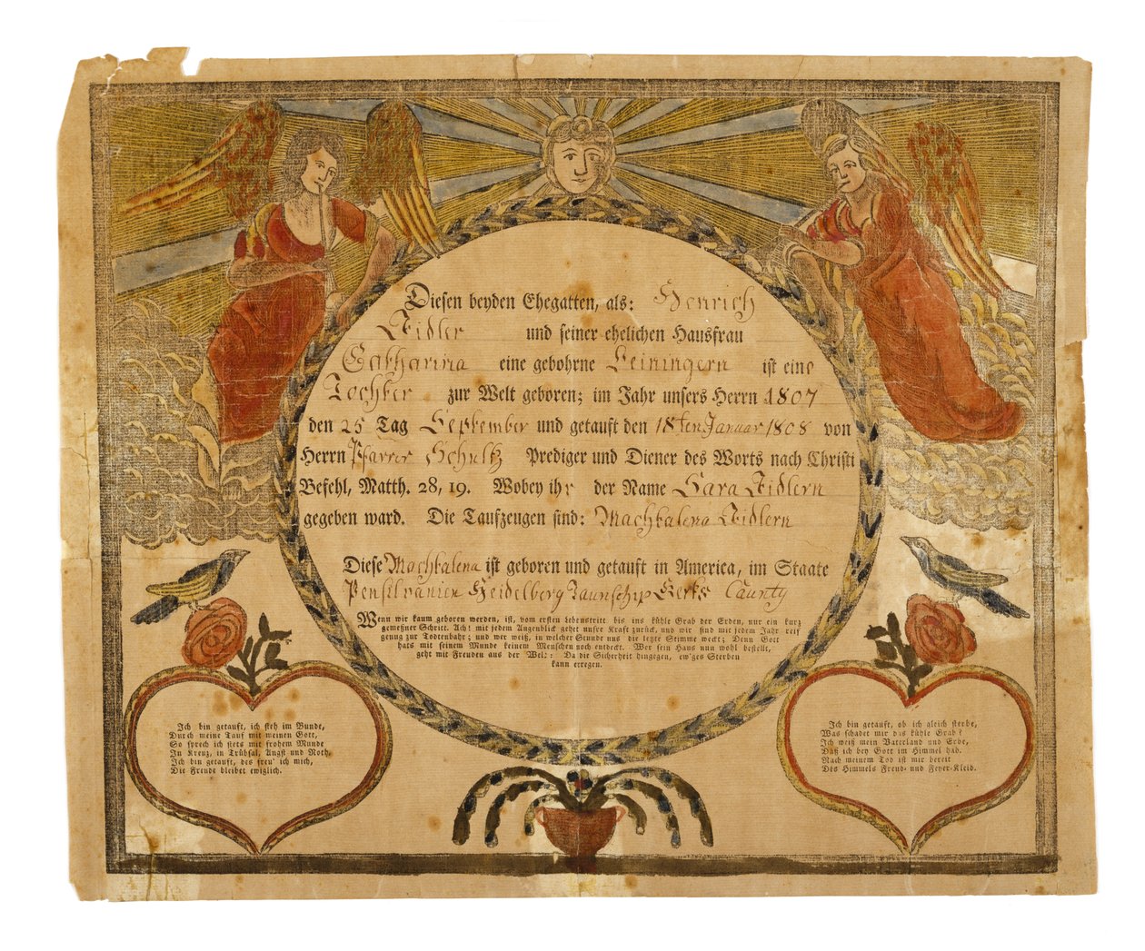 Świadectwo urodzenia i chrztu, ok. godz. 1815 (drewno ręcznie barwione na papierze wykładanym) autorstwa American School