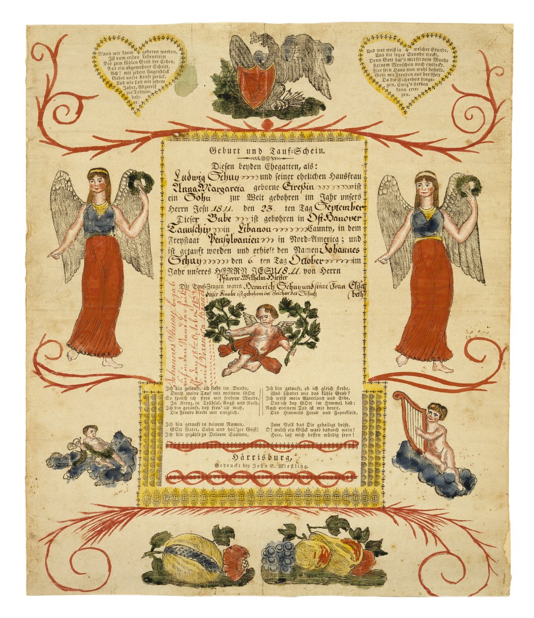 Świadectwo urodzenia i chrztu, ok. godz. 1828 (drewno ręcznie barwione na papierze wykładanym) autorstwa American School