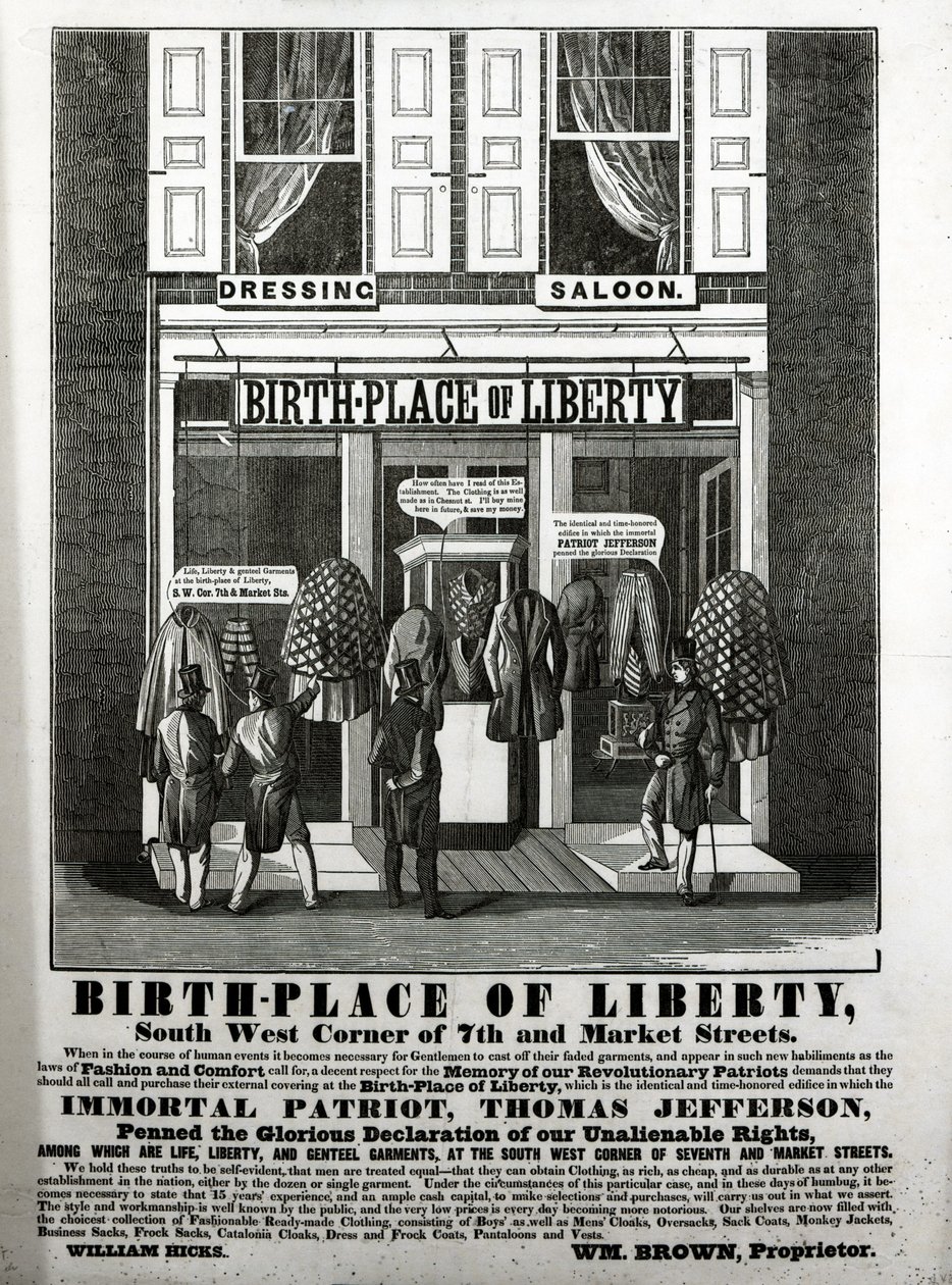 Miejsce narodzin wolności Dressing Saloon, południowo-zachodni róg ulic 7th i Market... w którym nieśmiertelny patriota, Thomas Jefferson, napisał chwalebną deklarację naszych niezbywalnych praw...., ( autorstwa American School
