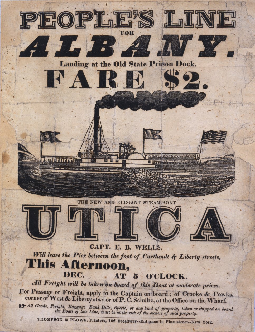 Broadside reklamujący Peoples Line do Albany, The New and Elegant Steamboat Utica (letterpress broadside) autorstwa American School