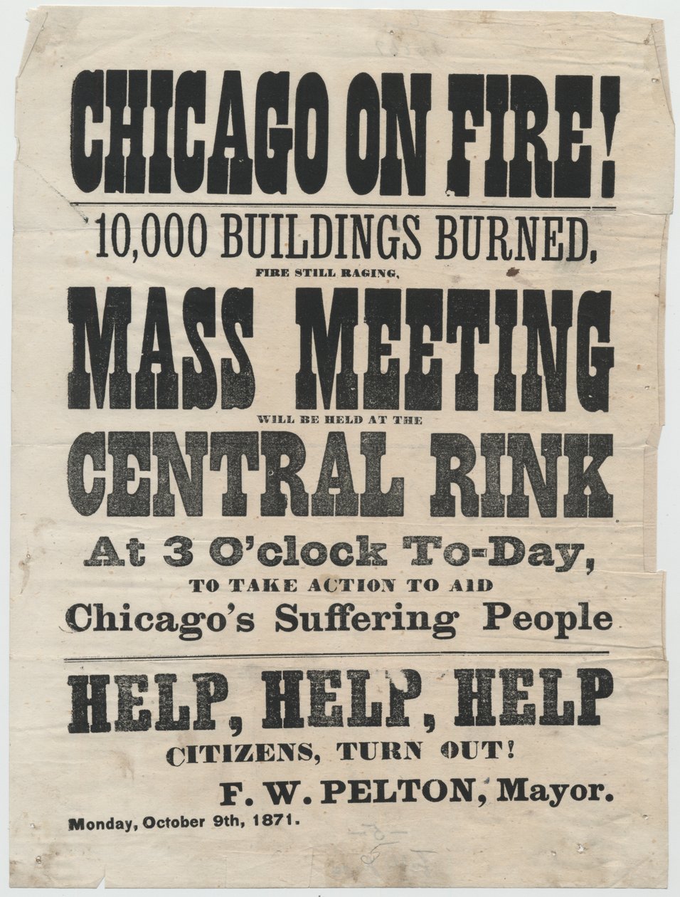 Broadside wiec reklamowy w Cleveland w stanie Ohio, aby pomóc ofiarom pożaru Chicago w 1871, 1871 r autorstwa American School