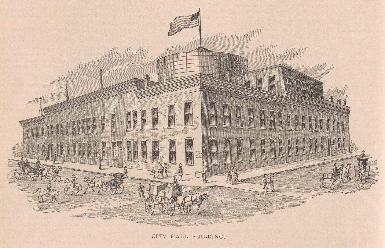Budynek ratusza, ilustracja z Historii Chicago obj. 2 Alfreda Theodore