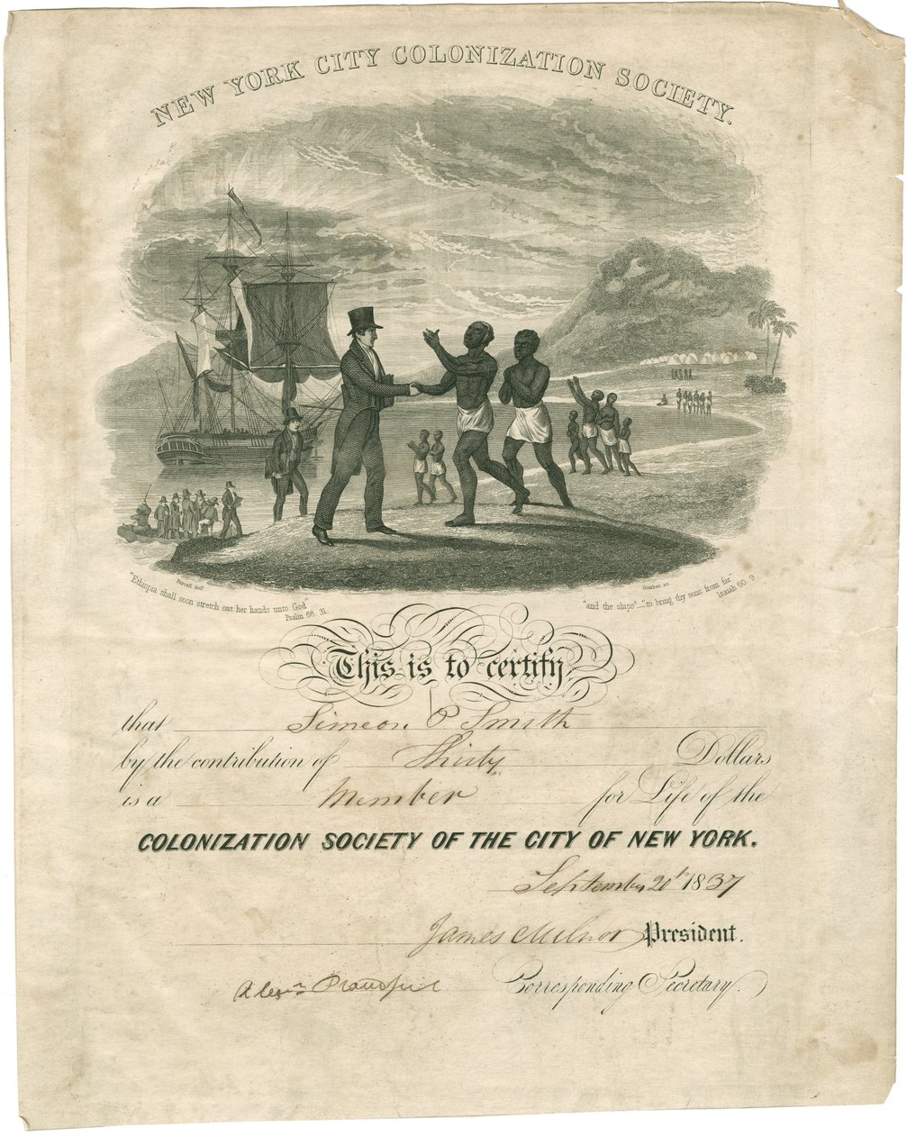 Certyfikat Towarzystwa Kolonizacyjnego dla Simeona P. Smitha, 1837 r. autorstwa American School