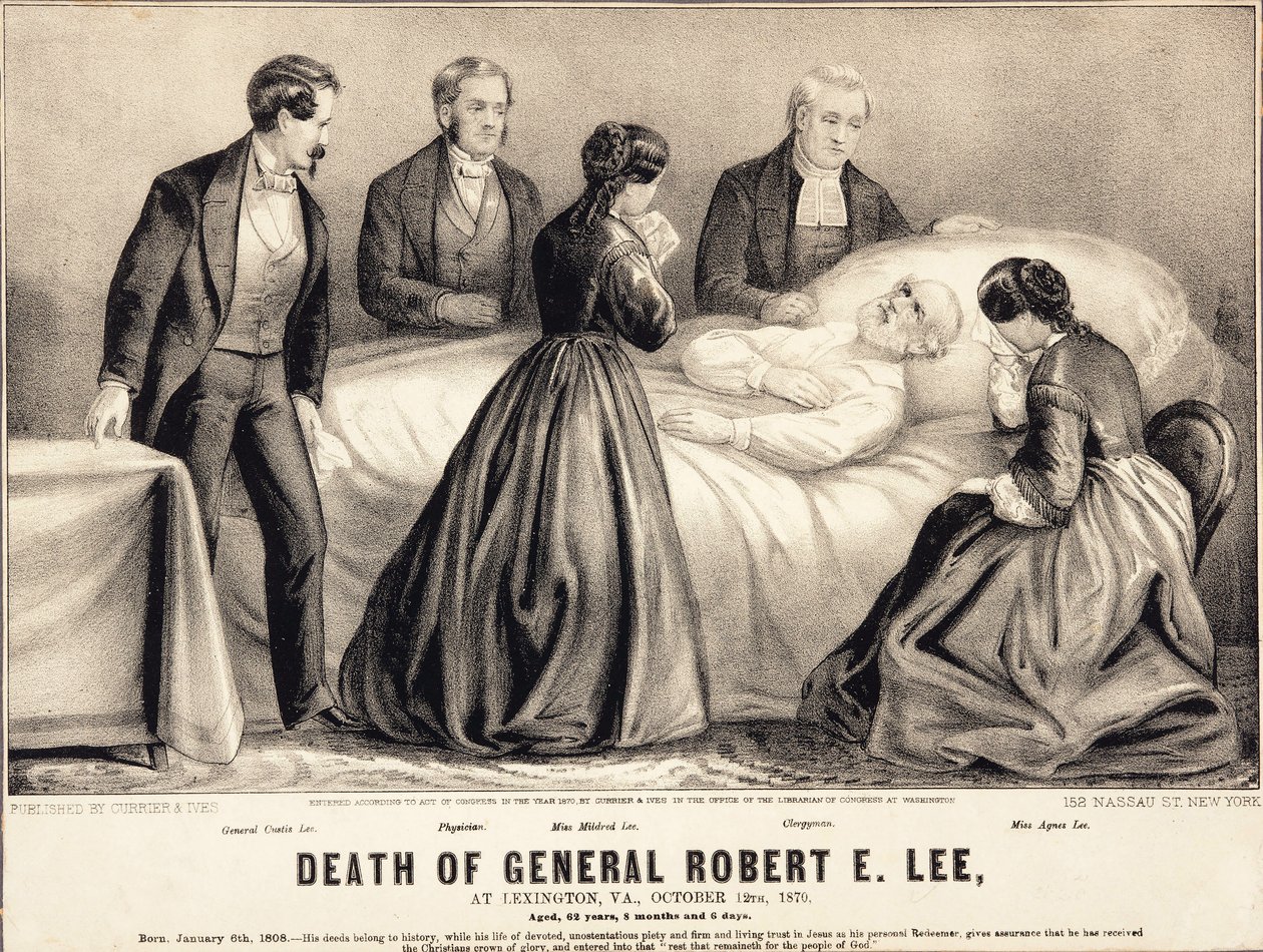 Śmierć generała Roberta E. Lee, w Lexington, Virginia, 12 października 1870, w wieku, 62 lata, 8 miesięcy i 6 dni, pub.1870 autorstwa American School