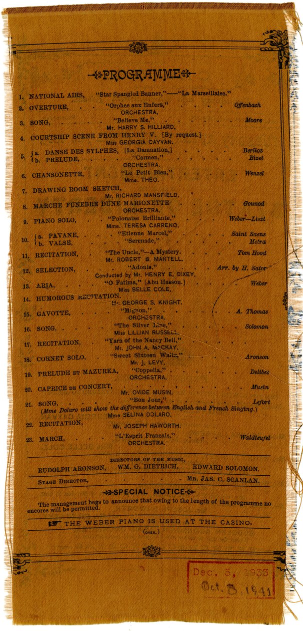Entertainment in Aid of the Statue of Liberty Pedestal Fund [verso], 1885 (drukowana tkanina) autorstwa American School