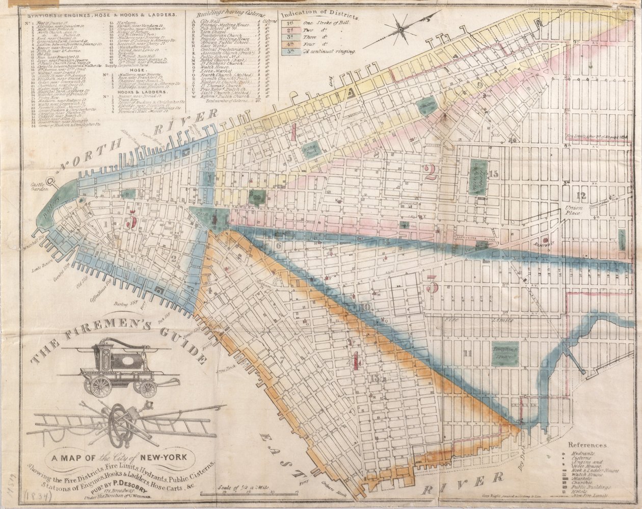 Firemans Guide - A Map of New York Showing Fire Districts, 1834 (czarny tusz z kolorowymi, zmywalnymi dodatkami na papierze) autorstwa American School