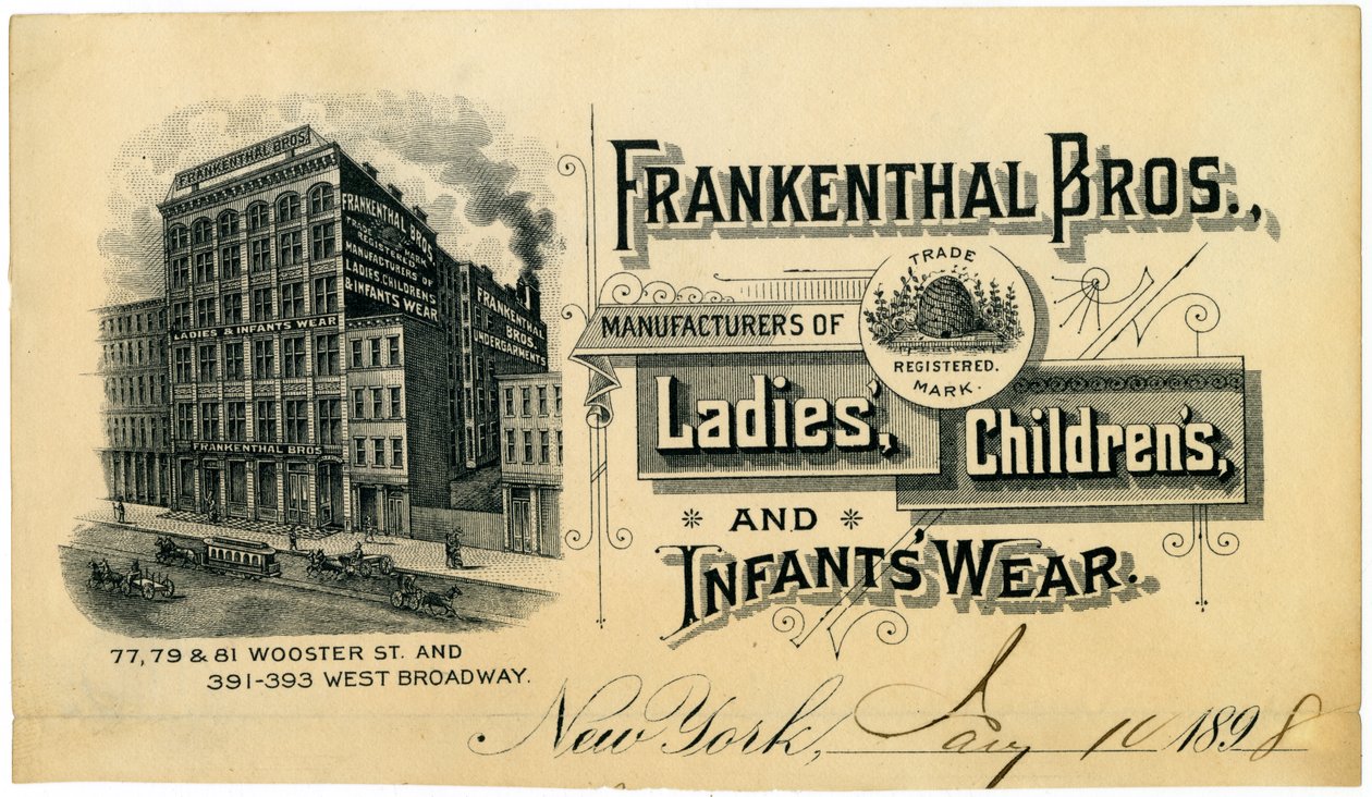 Frankenthal Bros., producent odzieży damskiej, dziecięcej i niemowlęcej [karta handlowa], 1898 autorstwa American School