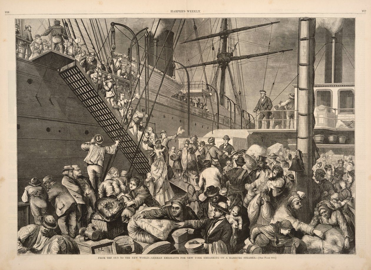 Od starego do nowego świata - niemieccy emigranci do Nowego Jorku wsiadający na hamburski parowiec, z Harpers Weekly, wyd. 1874 autorstwa American School