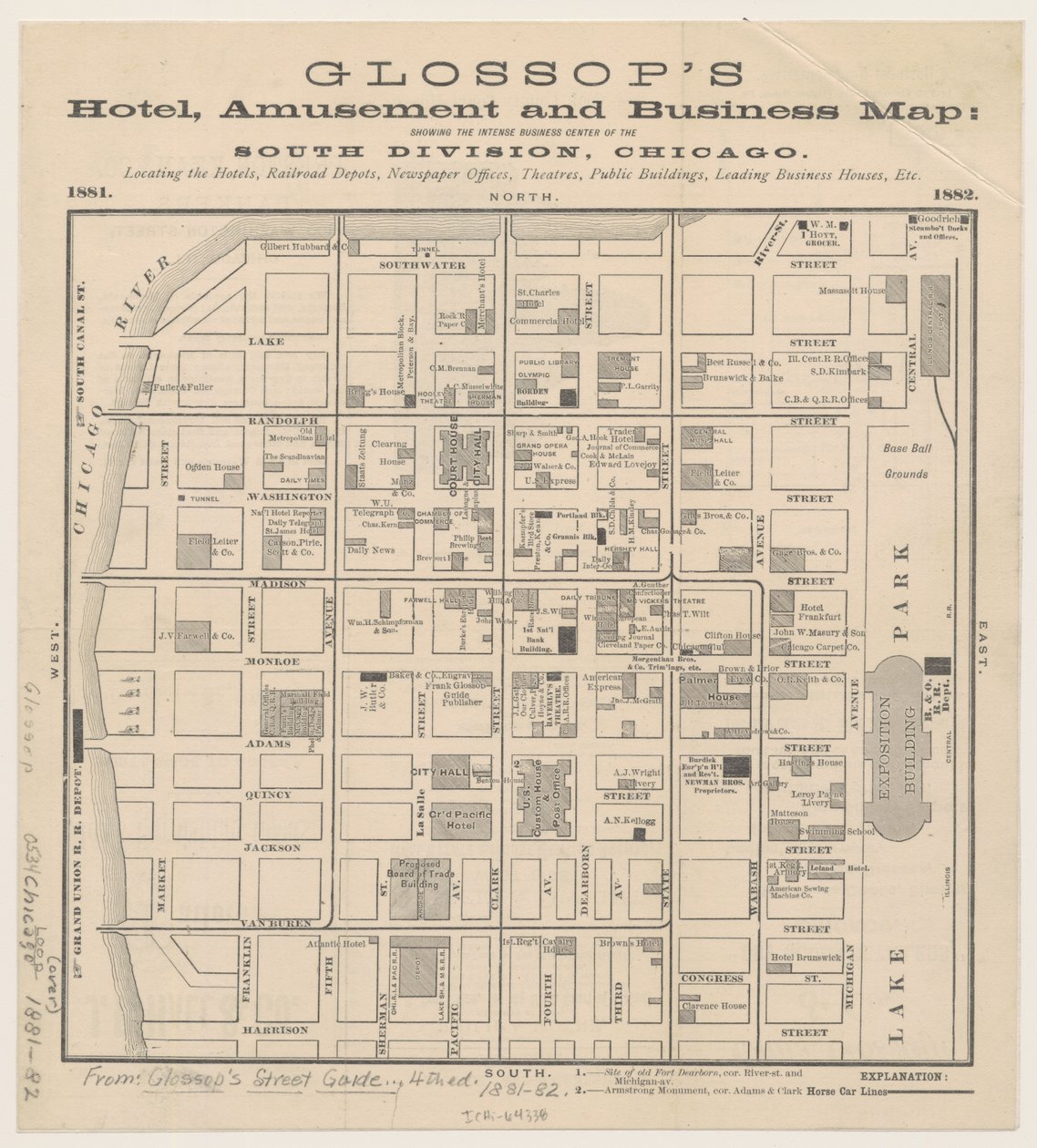 Glossops Hotel, mapa rozrywki i biznesu, c.1881-82 autorstwa American School