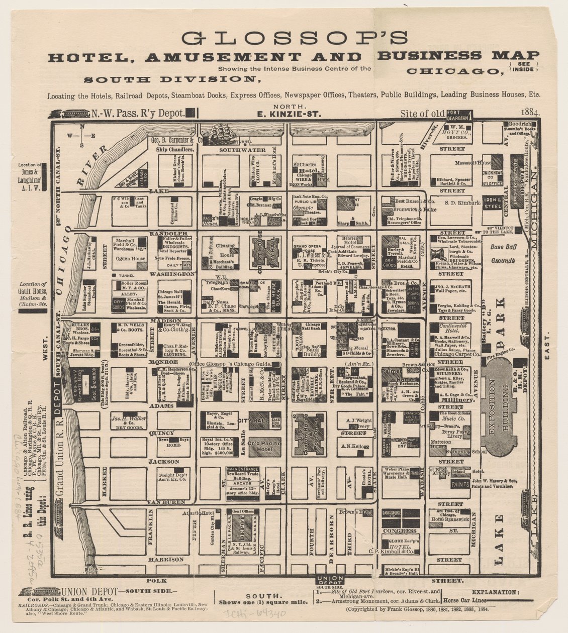 Mapa hotelu, rozrywki i biznesu w Glossops, ok. 1884 r. autorstwa American School