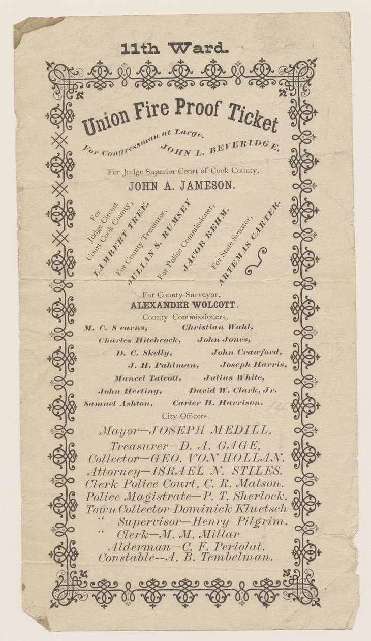 Ulotka biletu dowódcy 11. okręgu Union Fire Proof, Chicago, 1871 r. autorstwa American School