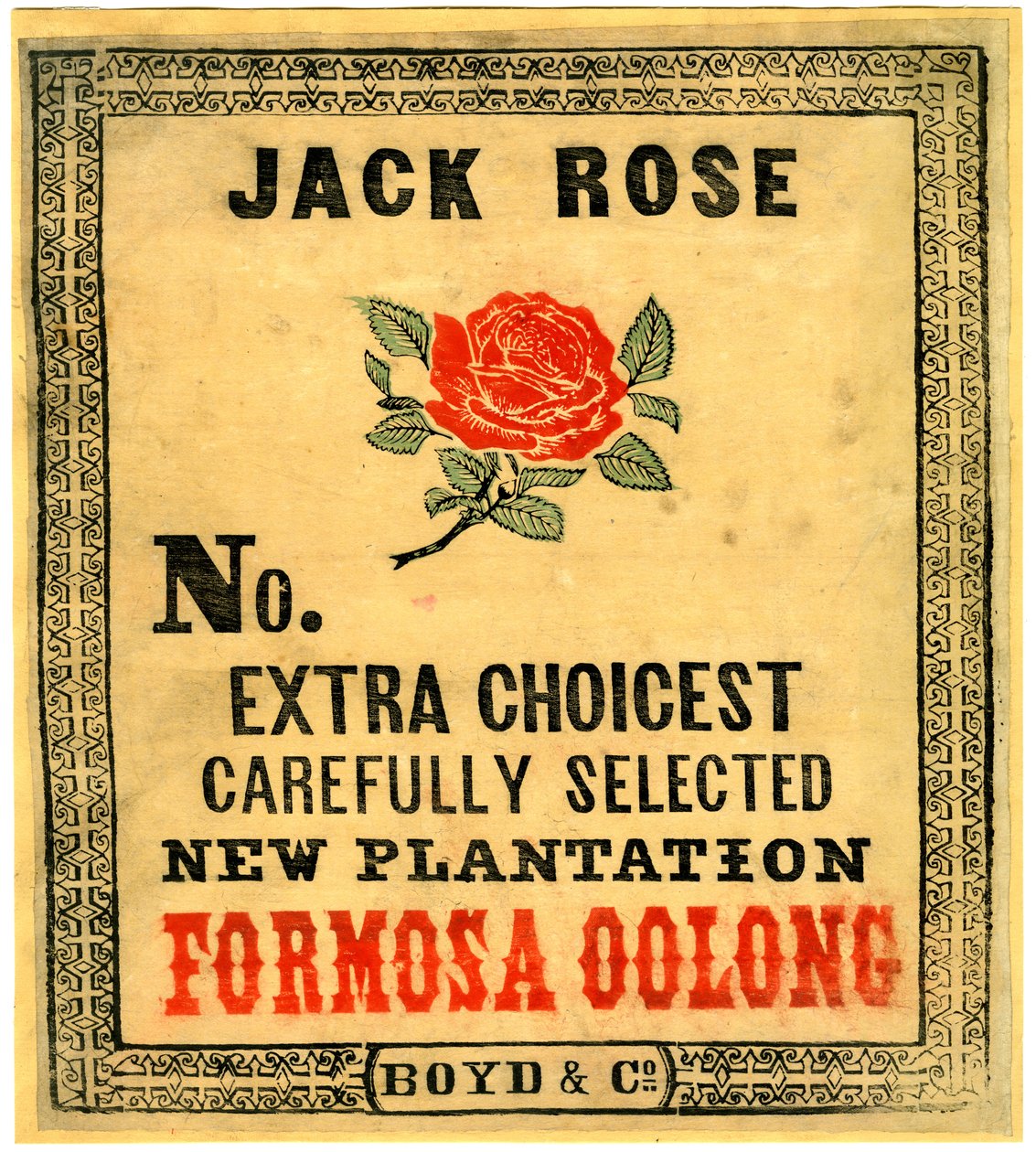 Jack Rose, No. Extra Choicest Carefully Selected New Plantation Formosa Oolong, (odbitka blokowa (tusz kolorowy na papierze z podkładem)) autorstwa American School