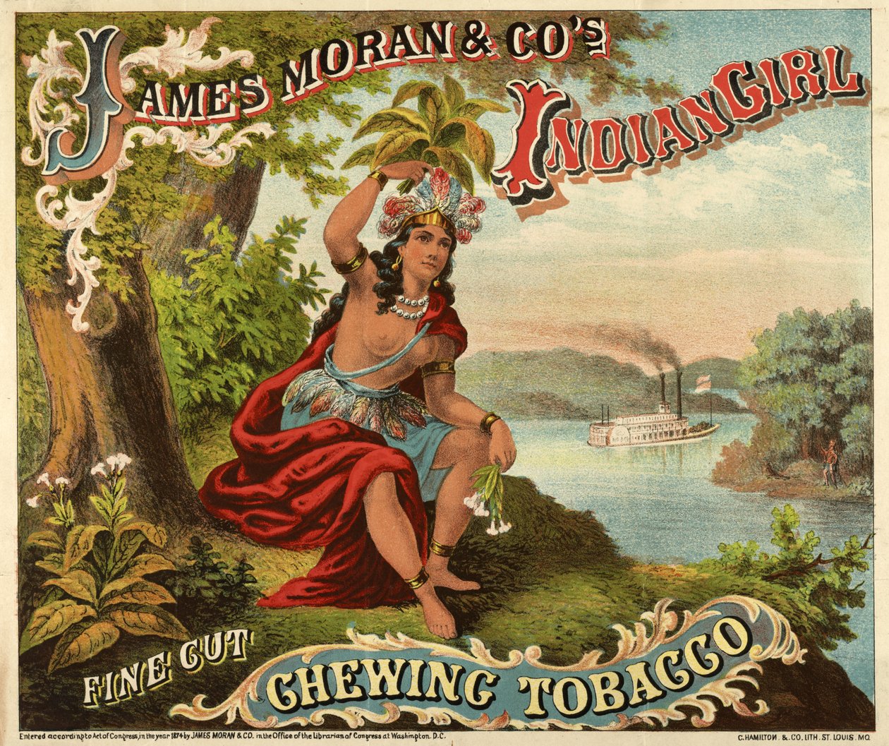 James Moran & Co.s Indian Girl Fine Cut Chewing Tobacco, pub, ok. 1874 (litografia kolorowa) autorstwa American School
