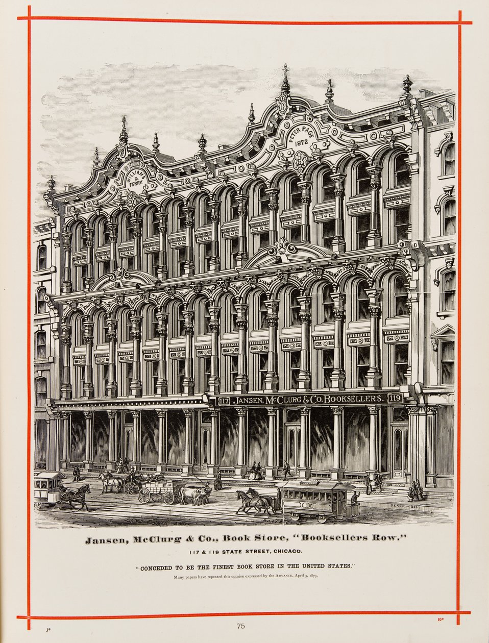 Księgarnia Jansen, McClurg and Company przy 117 i 119 State St., Chicago. Ilustracja w The Merchants and Manufacturers of Chicago Illustrated, 1873 autorstwa American School