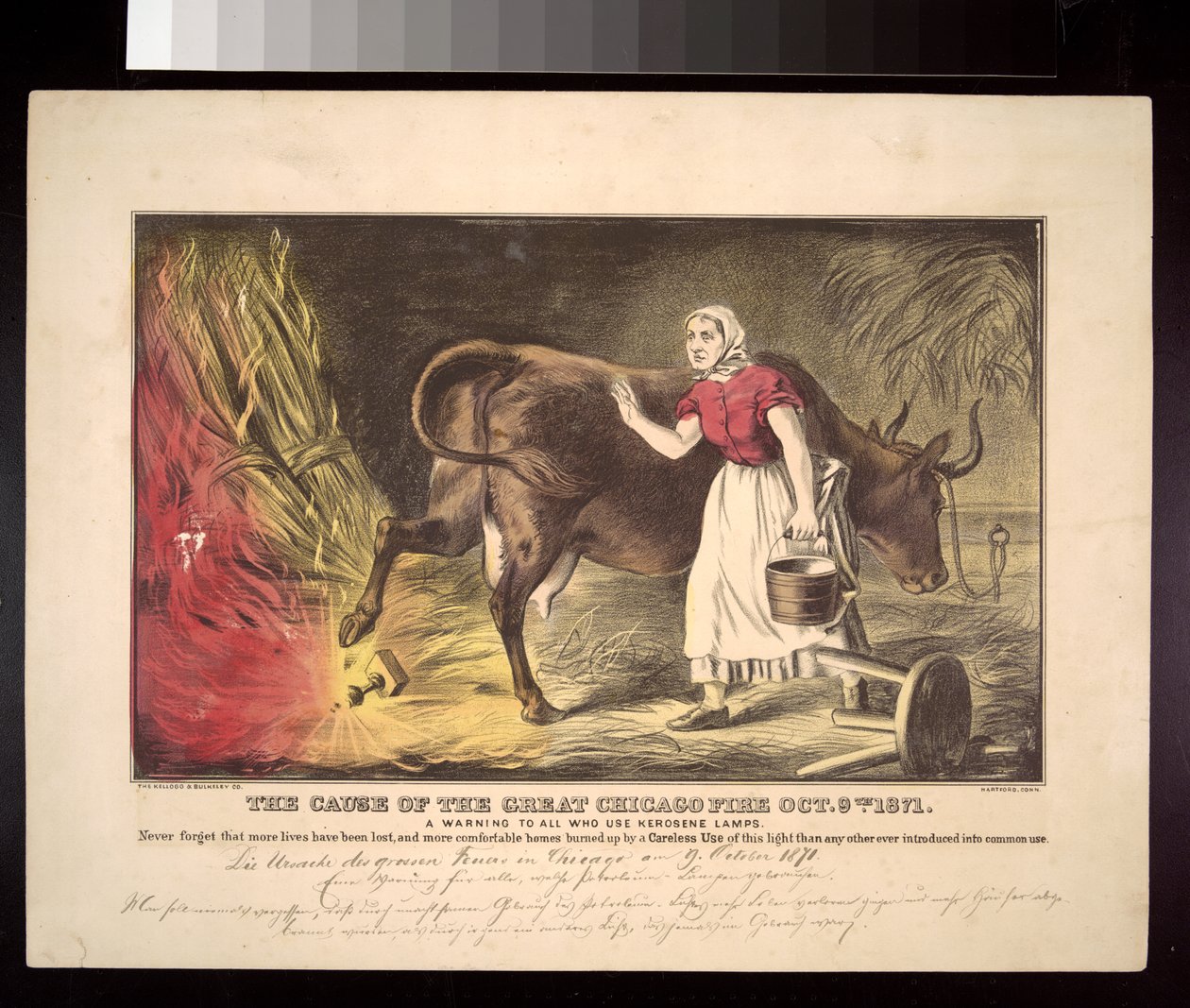 Kate OLeary z krową przewracającą latarnię, mityczny początek pożaru Chicago z 1871 r., ok. 1872 r. autorstwa American School