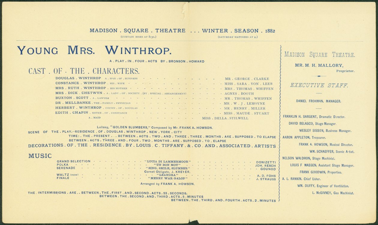 Madison Square Theatre, sezon zimowy 1882-83, program dla Młodej Pani Winthrop. [wnętrze], 1882 autorstwa American School