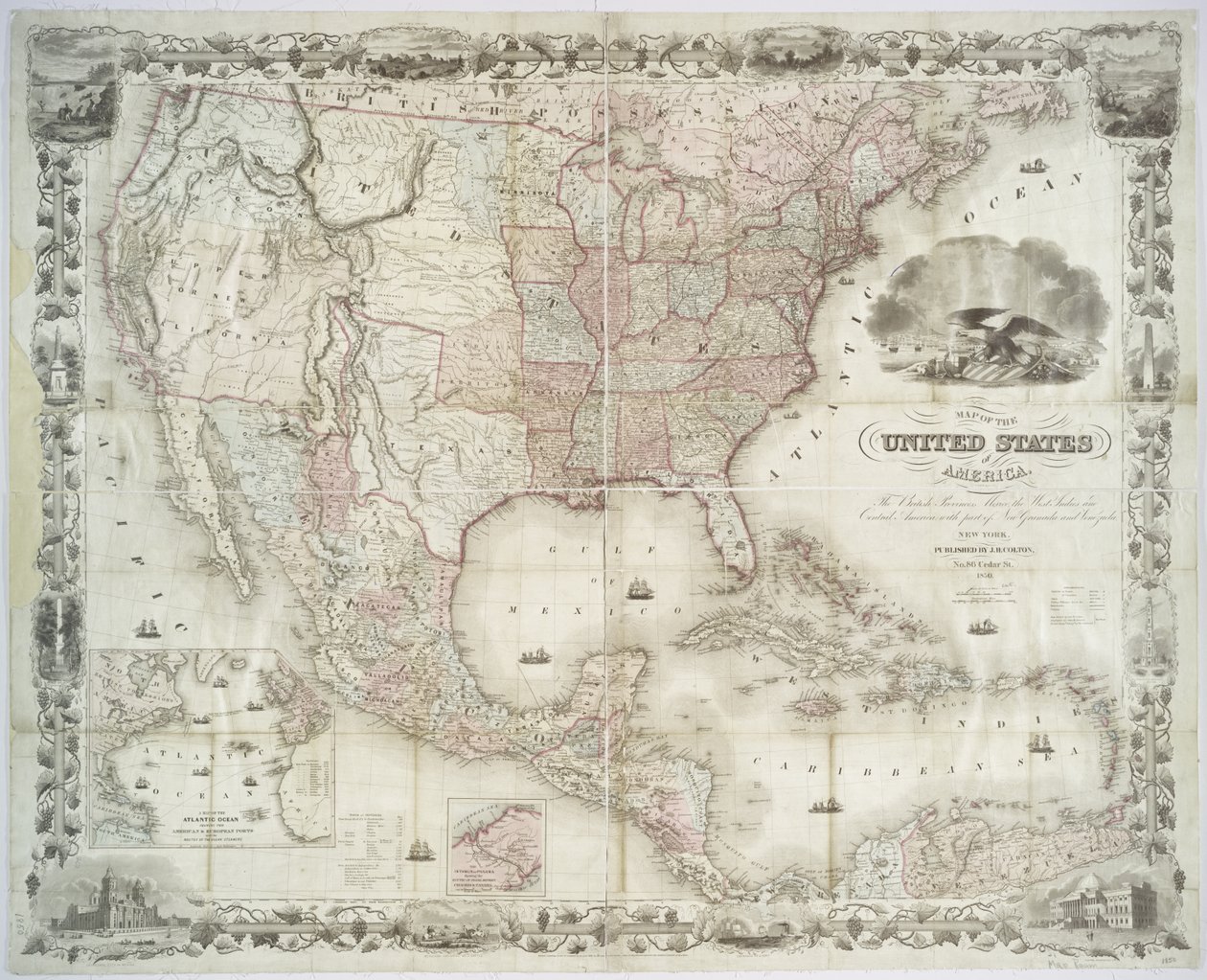 Mapa Stanów Zjednoczonych Ameryki, prowincji brytyjskich, Meksyku, Indii Zachodnich i Ameryki Środkowej, 1850 r. (druk kolorowy) autorstwa American School