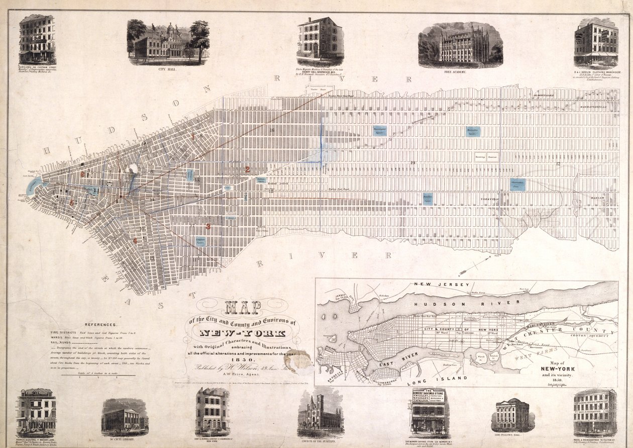 Mapa miasta i okolic hrabstwa Nowy Jork z oryginalnymi znakami i iluminacjami, 1850, 1850 (czarny tusz na papierze, podklejona płótnem) autorstwa American School