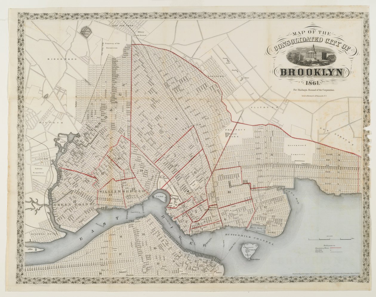 Mapa skonsolidowanego miasta Brooklyn, 1861 (rycina z wc) autorstwa American School