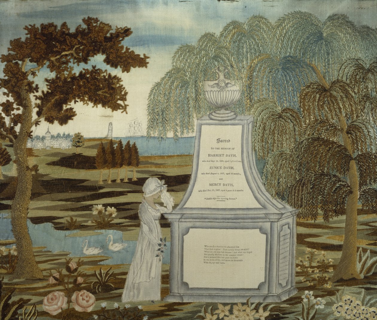 Obraz pamiątkowy haftowany, datowany 1807, wykonany 1820-1826 (jedwab, tusz, papier, akwarela) autorstwa American School