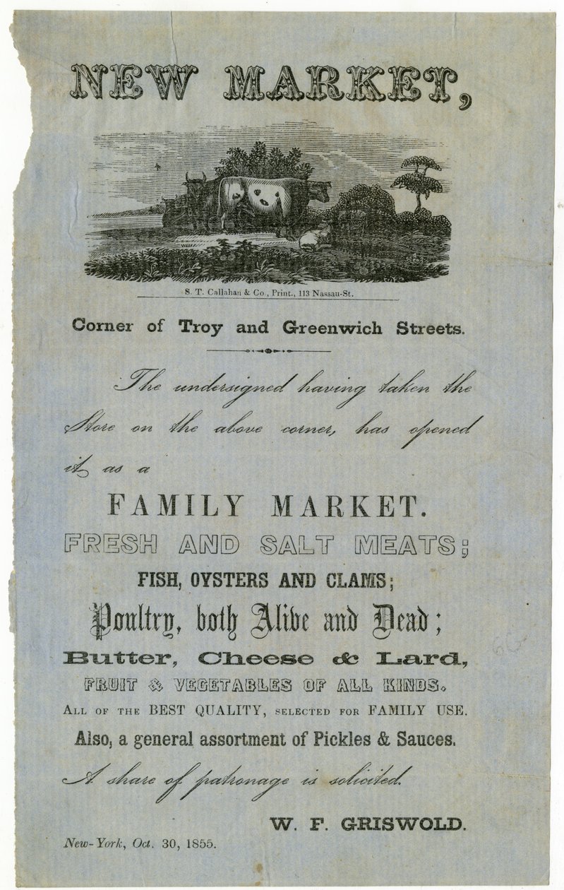 Nowy Rynek, róg ulic Troy i Greenwich.... Rynek Rodzinny, 1855 r. autorstwa American School
