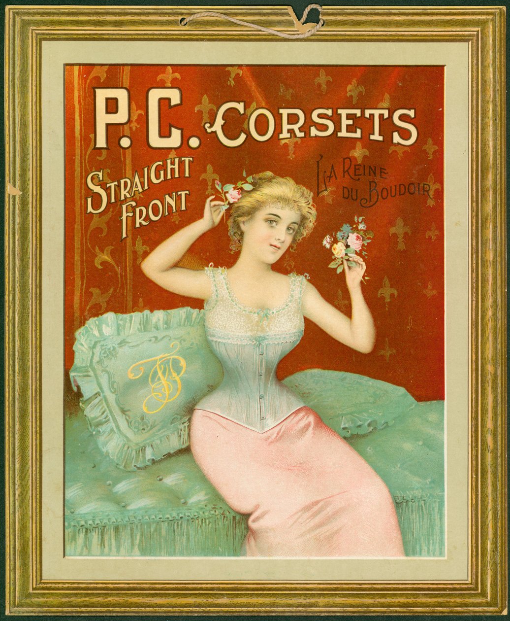 PC Gorsety, prosty przód, La Reine Du Boudoir (kolor lito na karcie z wiszącym sznurkiem) autorstwa American School