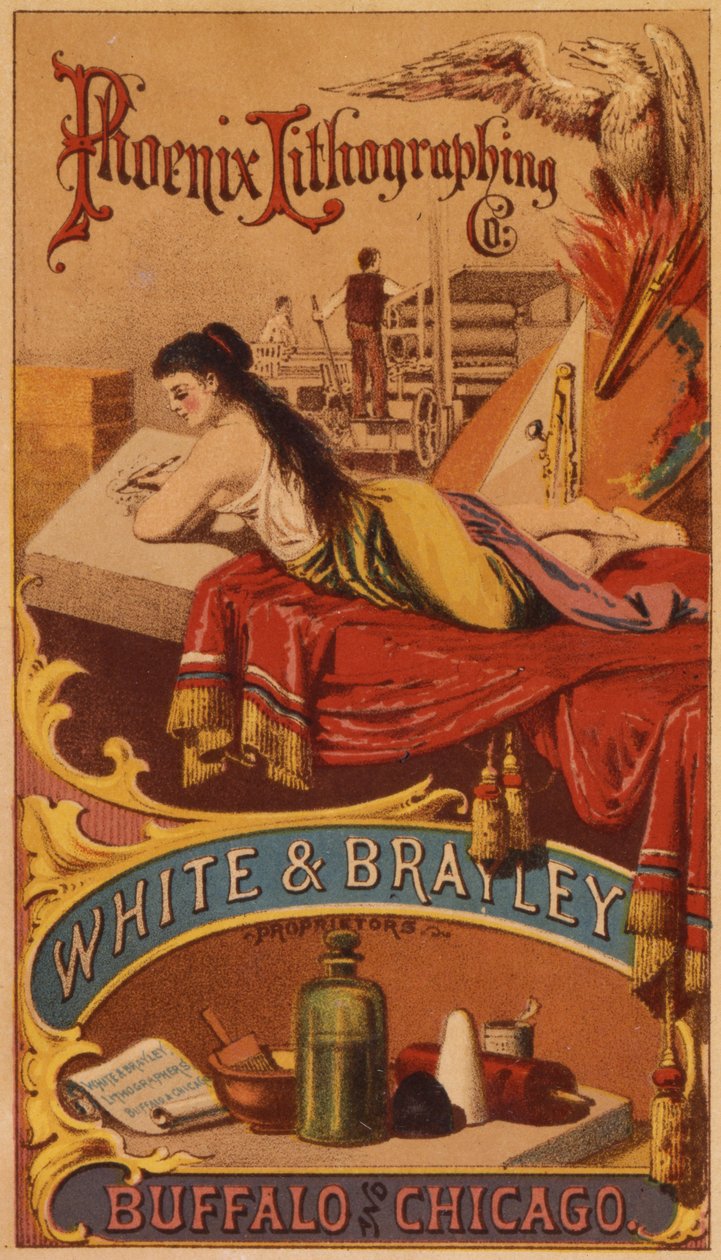 „Phoenix Lithographing Co.“, „White & Brailey Proprietors“, „Buffalo“ ir „Chicago“ (spalvotas lito [prekių kortelė]) autorstwa American School