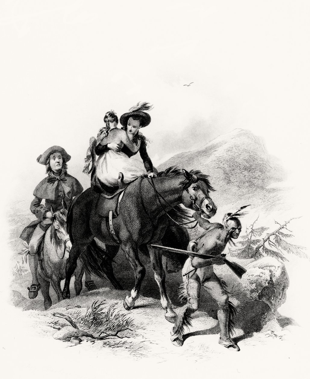 Umieszczając Alice na tym samym koniu co Cora, chwycił uzdę i rozpoczął swoją drogę, zanurzając się głębiej w las, ilustracja z Ostatniego Mohikanina autorstwa Jamesa Fennimore