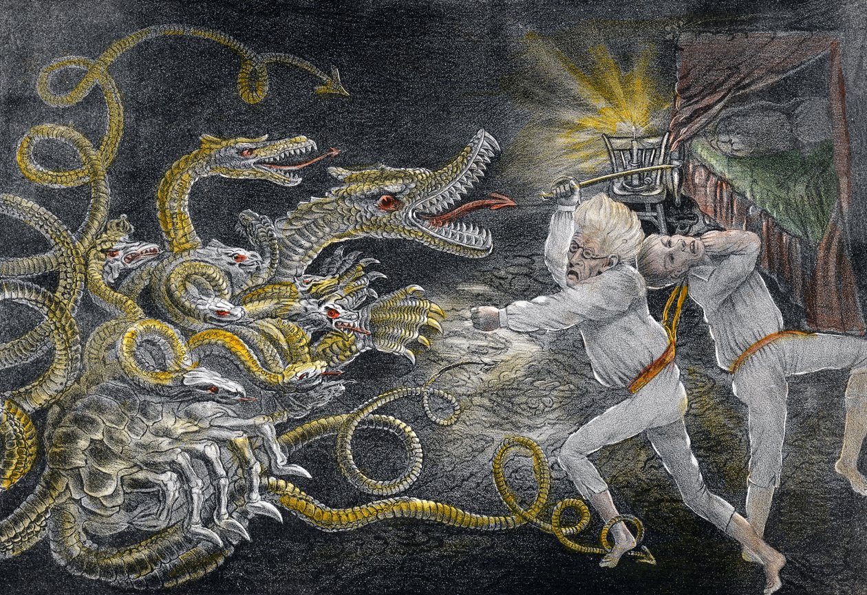 Polityczny donkiszotyzm ukazujący konsekwencje snu w patentowych magicznych okularach, Dyplomatyczny Herkules, atakujący Polityczną Hydrę, wyd. 1833 (grawerowanie ręcznie kolorowane) autorstwa American School