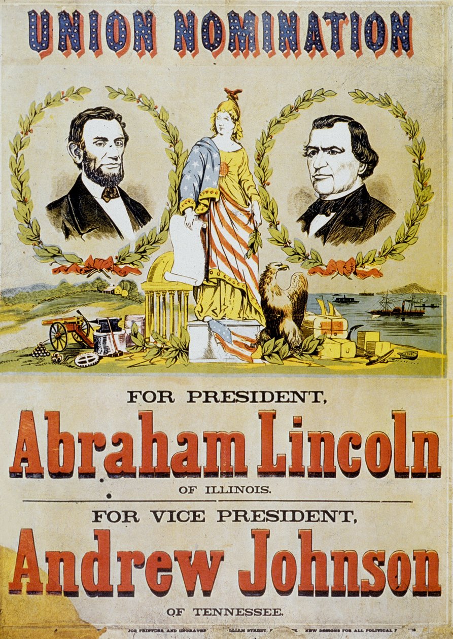 Plakat z okazji amerykańskich wyborów prezydenckich: kandydat Abraham Lincoln i jego zastępca prezydent Andrew Johnson, 1860 autorstwa American School