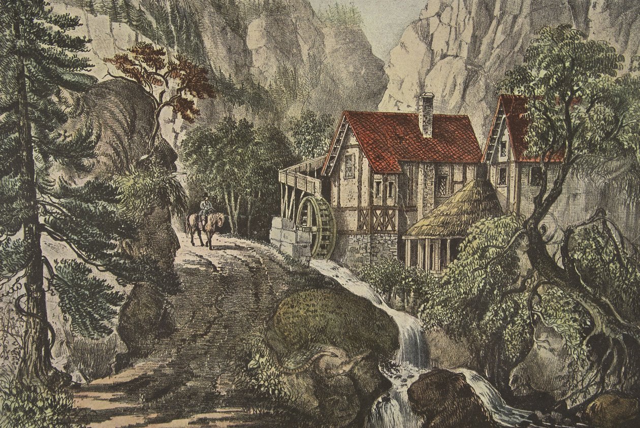 Puzzle Picture - Stary Młyn Szwajcarski, wyd. 1872, Currier i Ives autorstwa American School